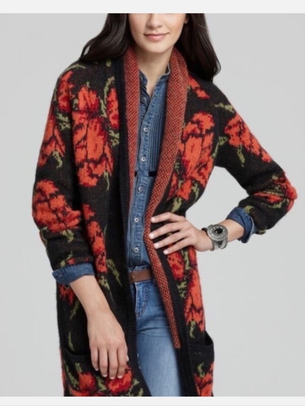 Free People Black Floral Open-Front Sweater Cardigan - Red Floral XS